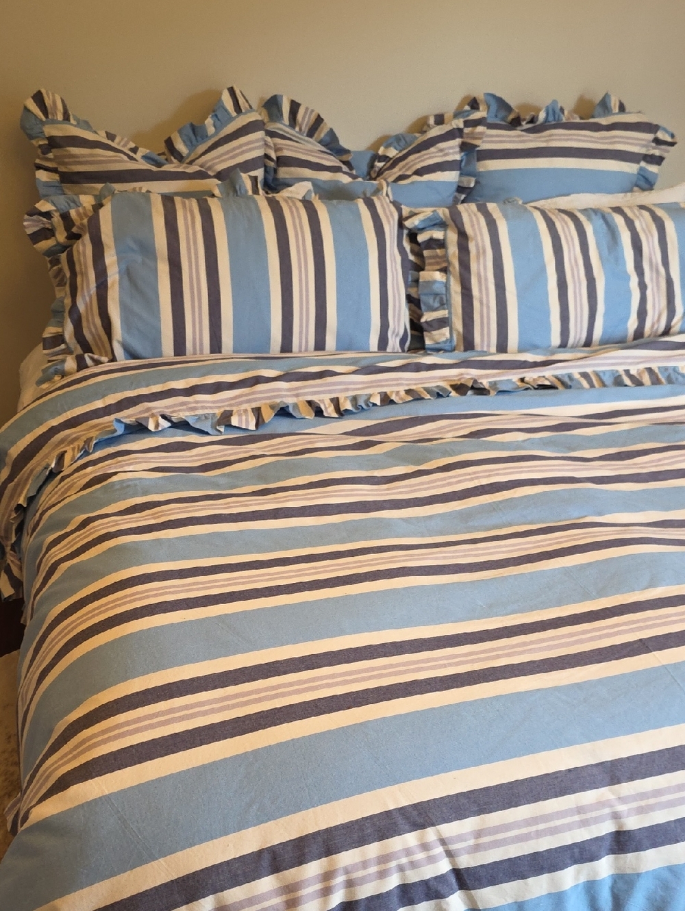 Anthropologie King Blue Striped Ruffle Duvet Cover SET,  3 EURO & 2 KING